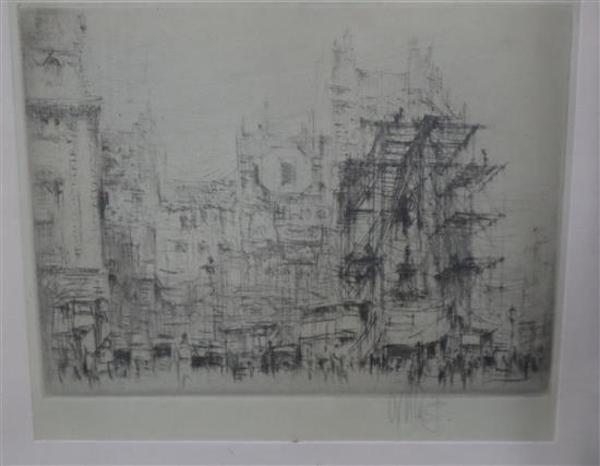 William Walcot (1874-1943) two etchings, Charing Cross and Piccadilly Circus - Eros being re-erected, signed in pencil, largest 11 x 14